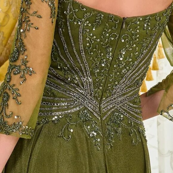 New Olive Beads Embellished A-Line Maxi Mesh Mother Of Bride Dress GL3787 - Picture 12 of 14